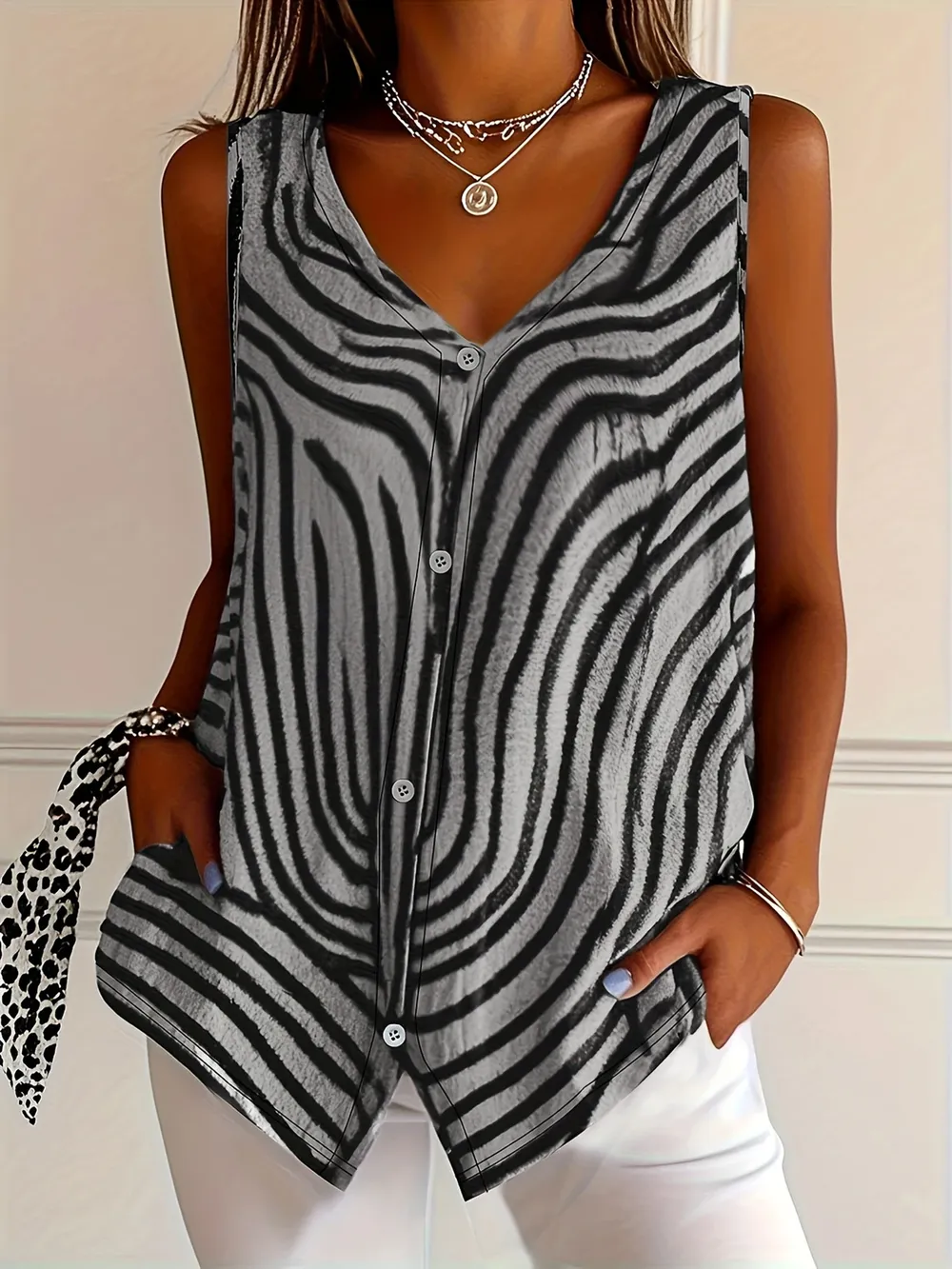 Sleeveless Zebra Print Button-Up Tank Top, image 10
