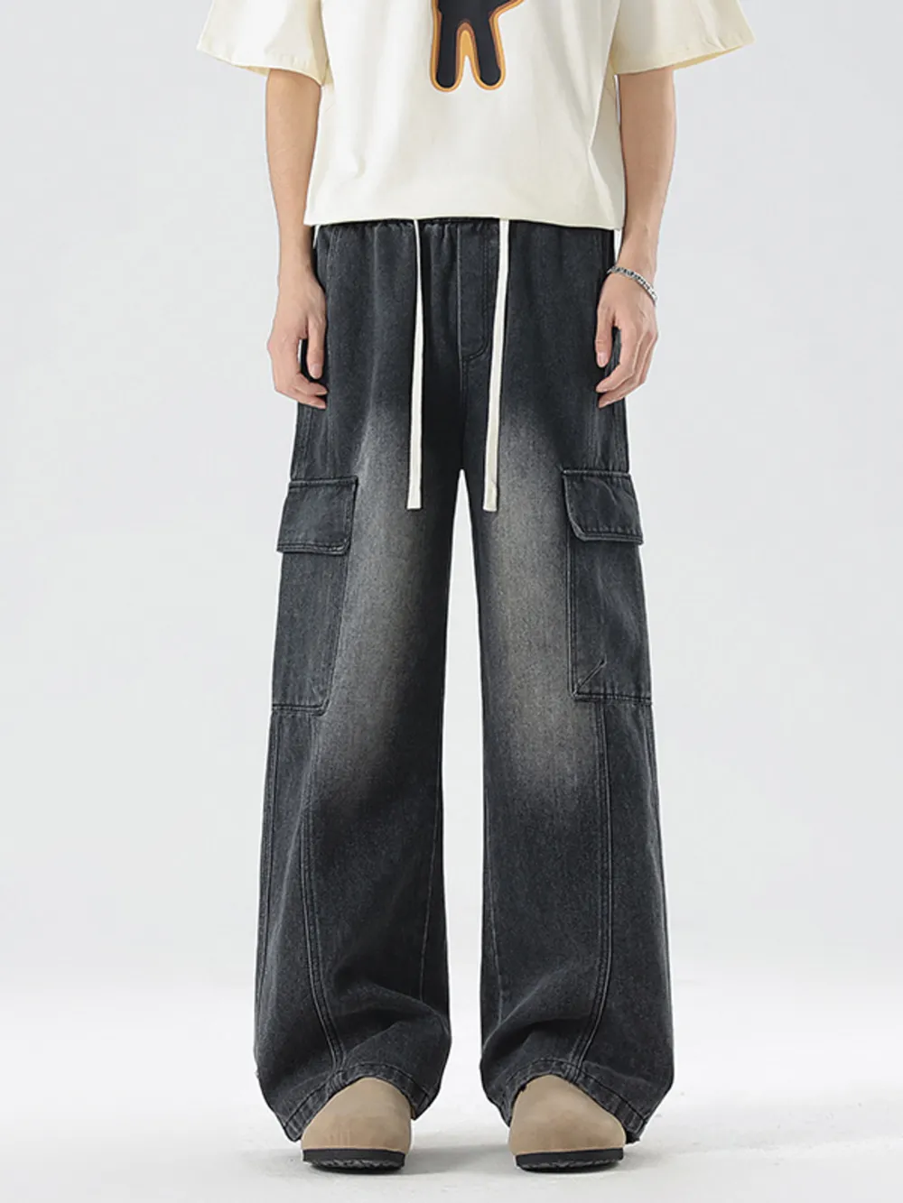 Men's Plus Size Wash Wide Leg Cargo Jeans