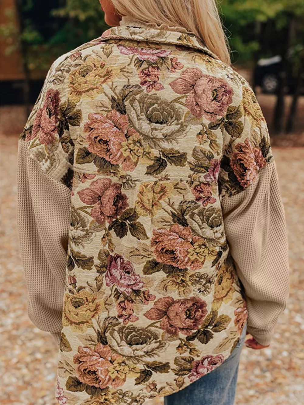 Floral Waffle Knit Patchwork Chest Pockets Buttoned Jacket, image 8