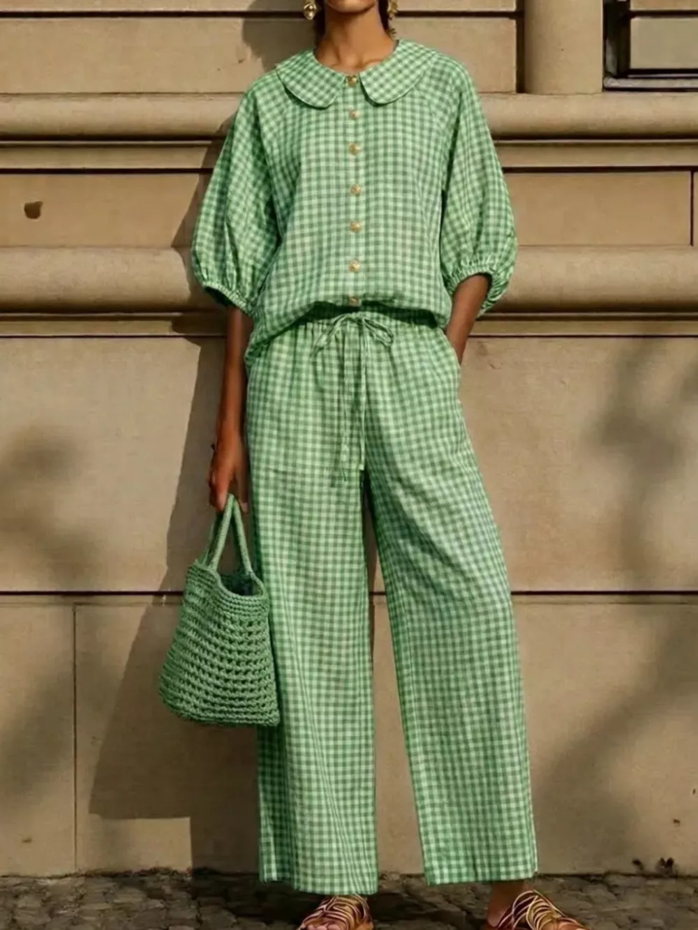 Full Size Plaid Button Up Shirt and Pants Set Plus Size, image 9