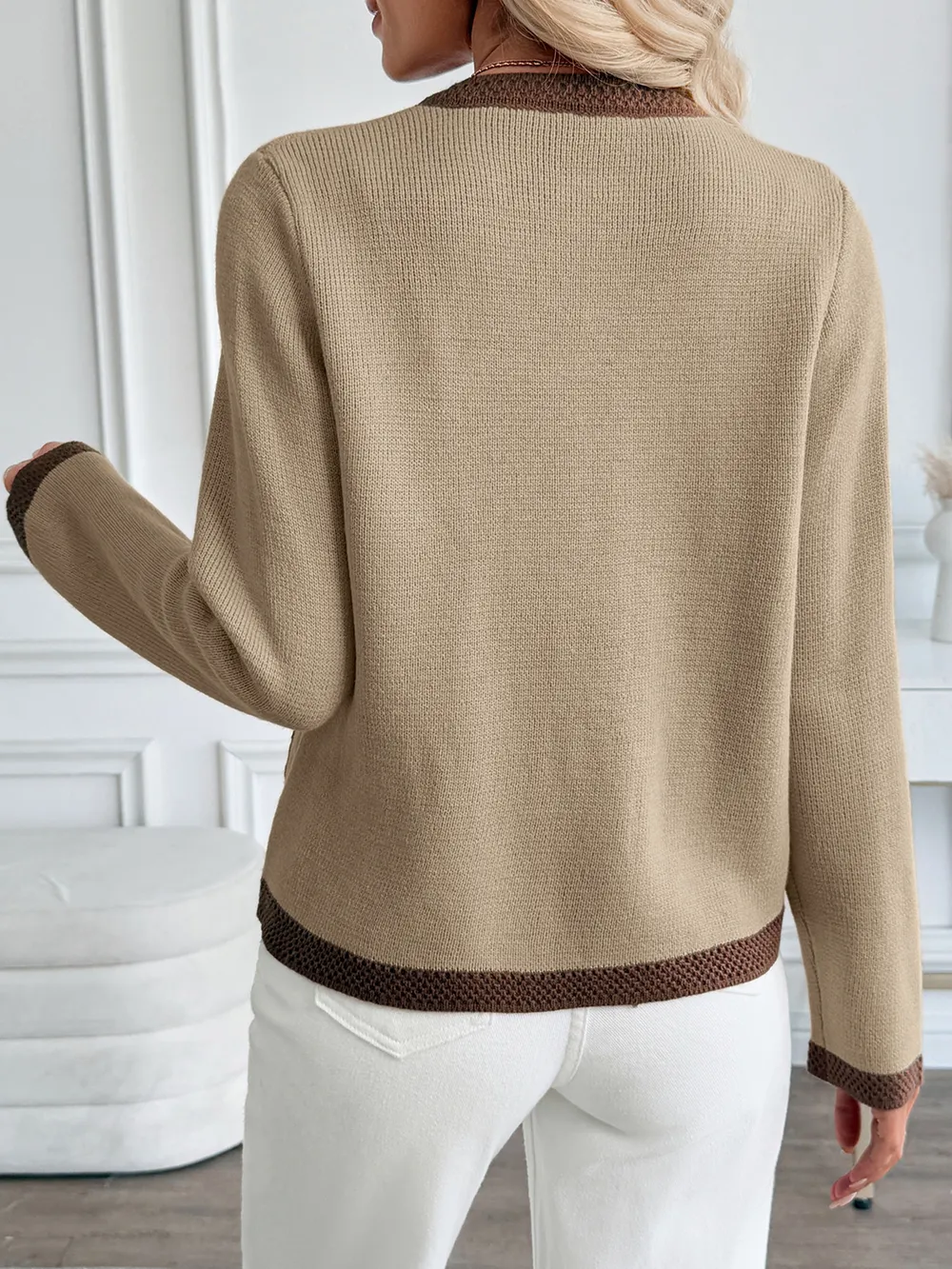 Button-Front Cardigan with Contrast Trim, image 7