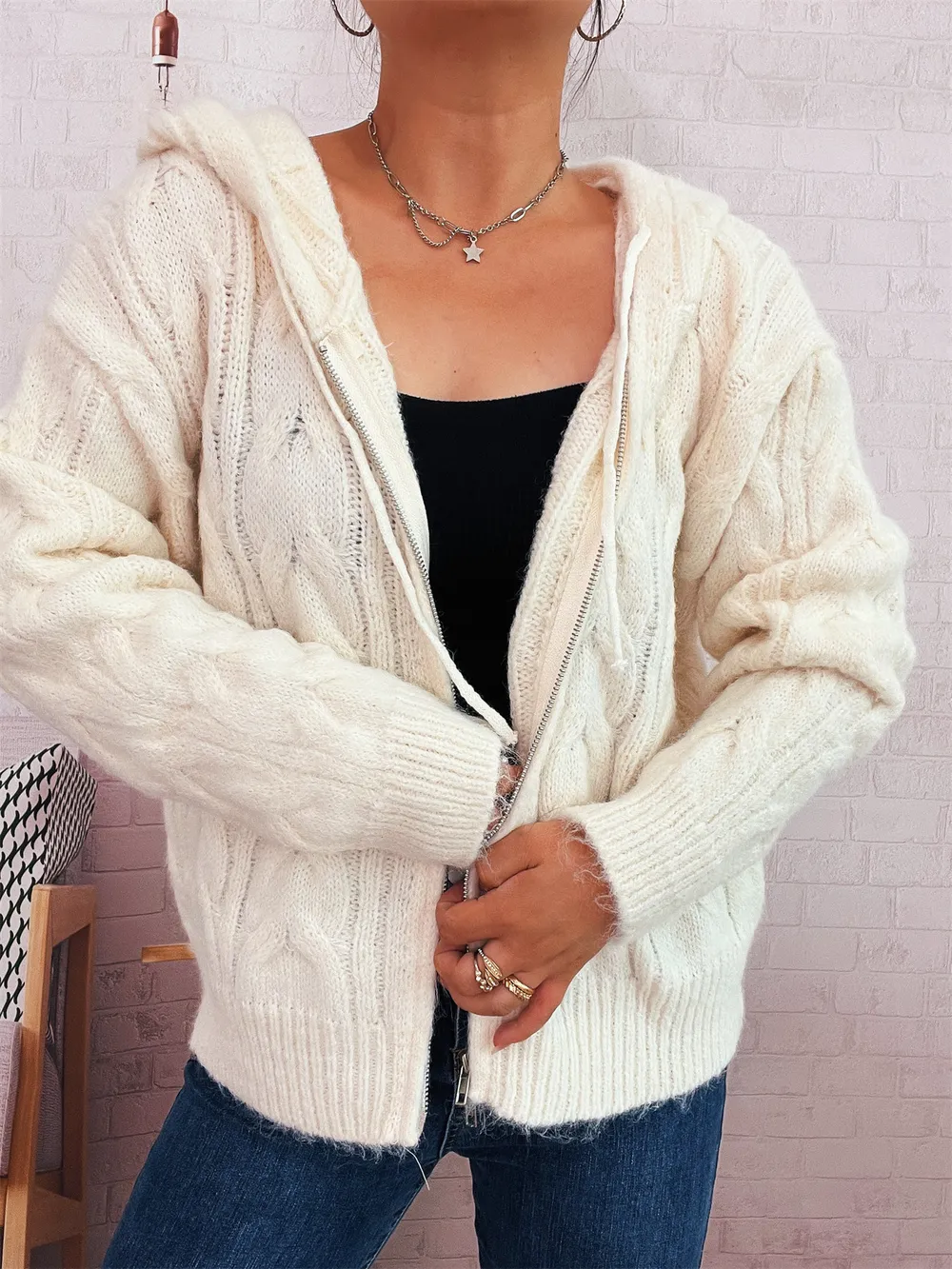 Cable Knit Hooded Zip-Up Cardigan, image 10