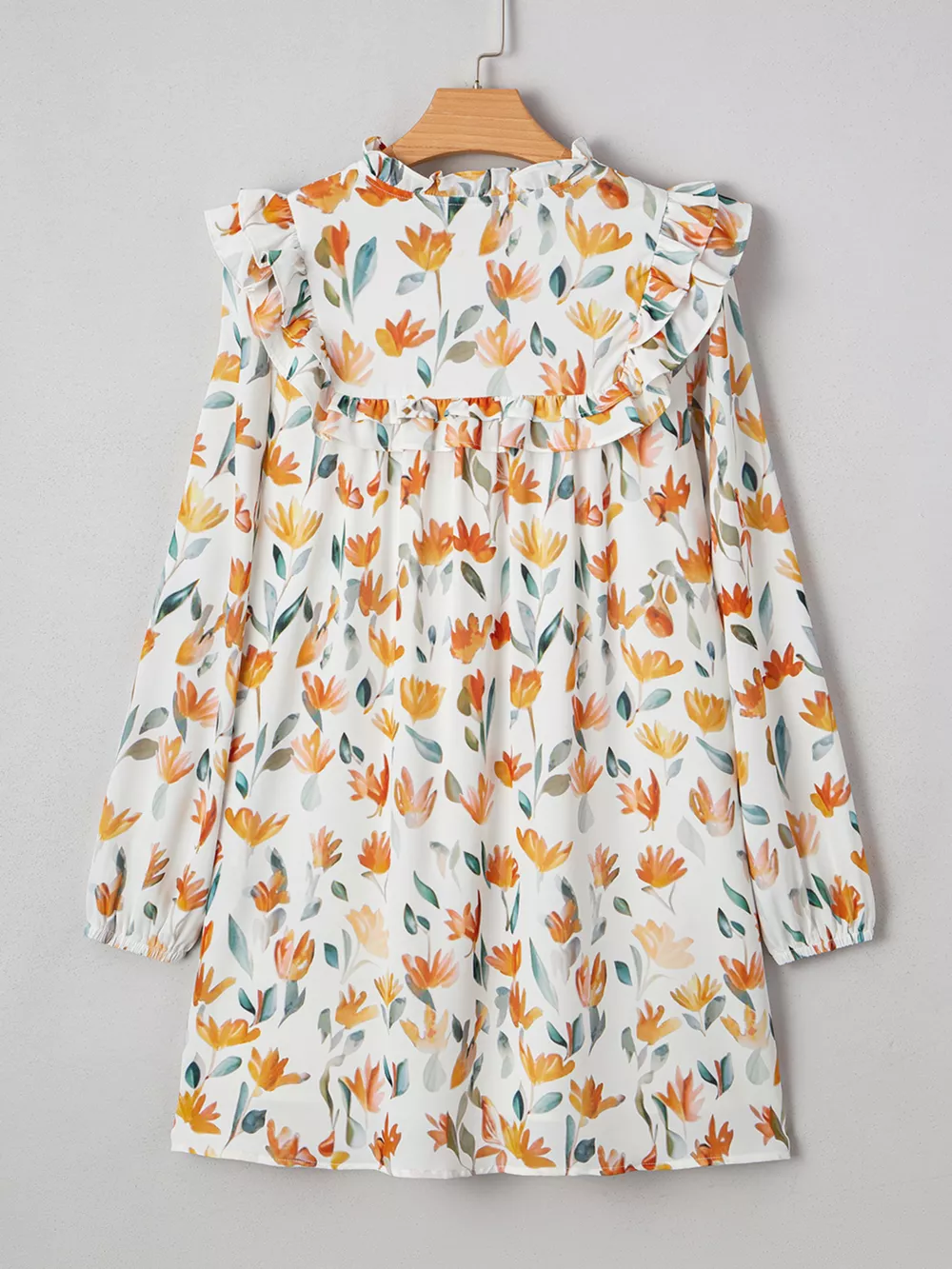 Floral Print Tie Neck Frilled Detail Long Sleeve Mini Dress, image 8
