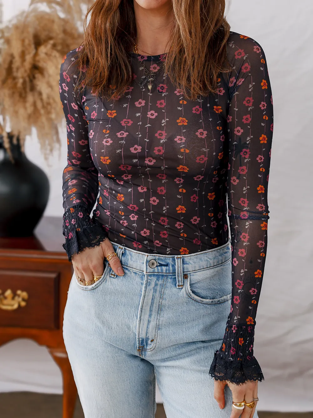 Floral Print Smocked Cuff Slim Fit Mesh Bodysuit, image 2