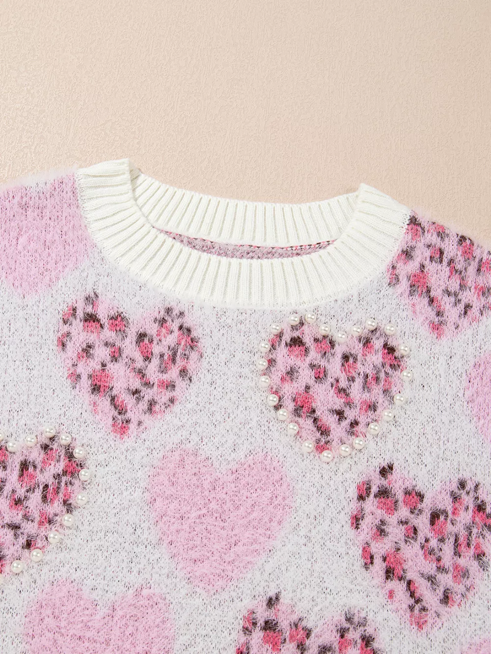 Heart Leopard Pearled Ribbed Trim Fuzzy Sweater, image 7