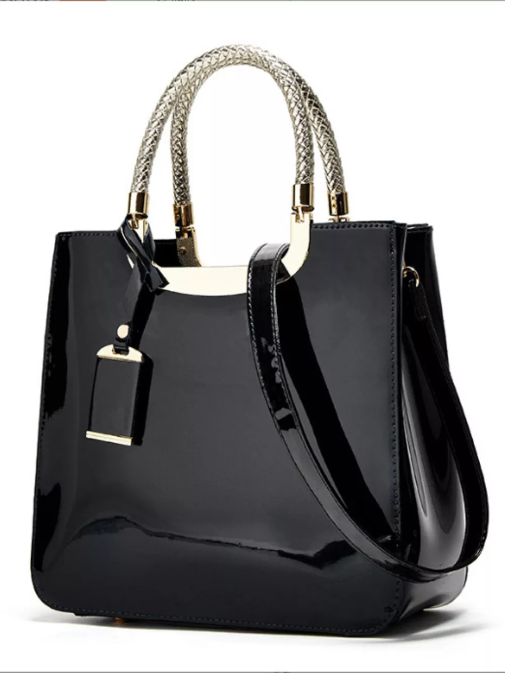 PU Leather Handbag with Metallic Braided Handle, image 2