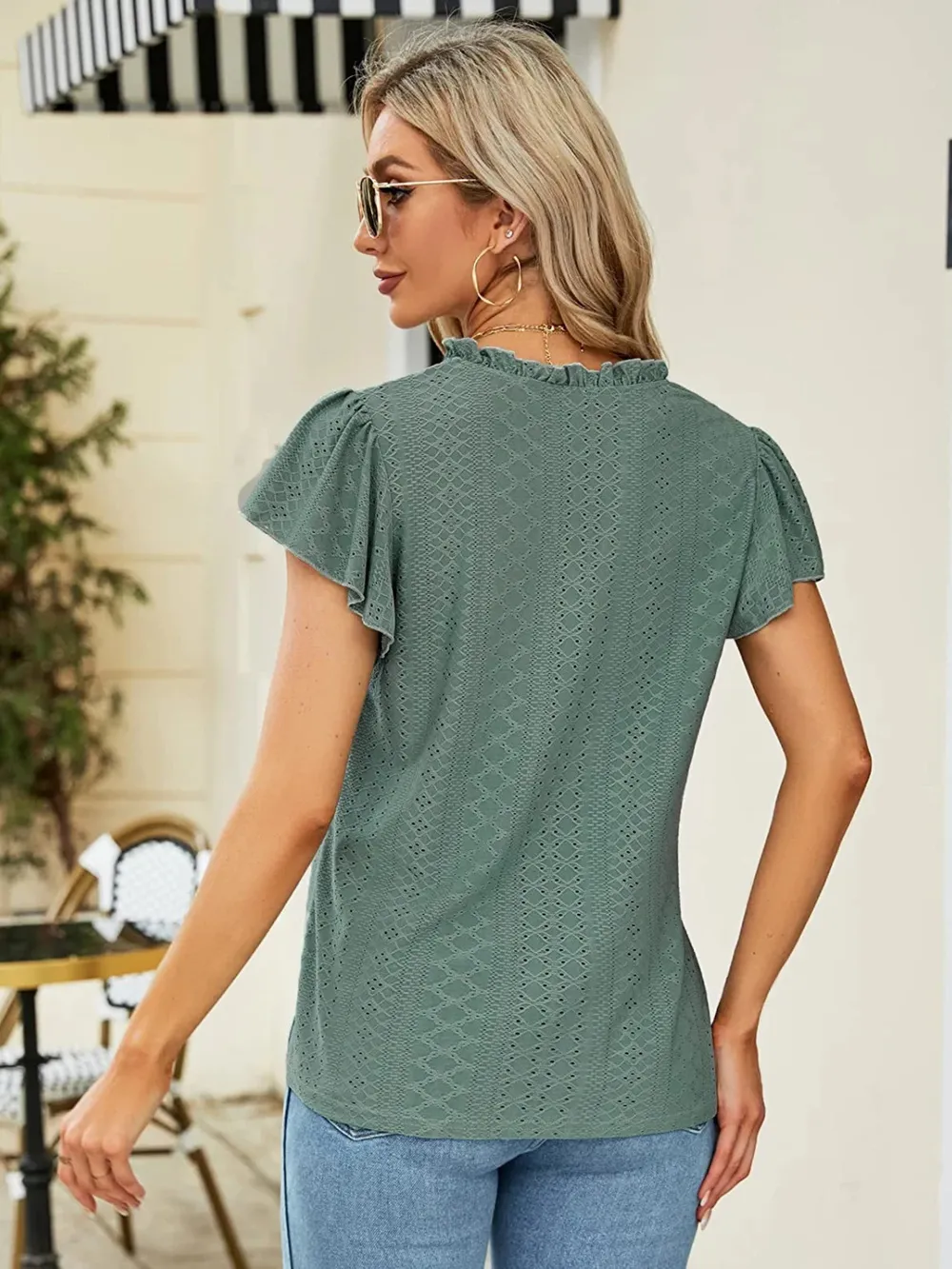 Eyelet Notched Short Sleeve T-Shirt, image 8