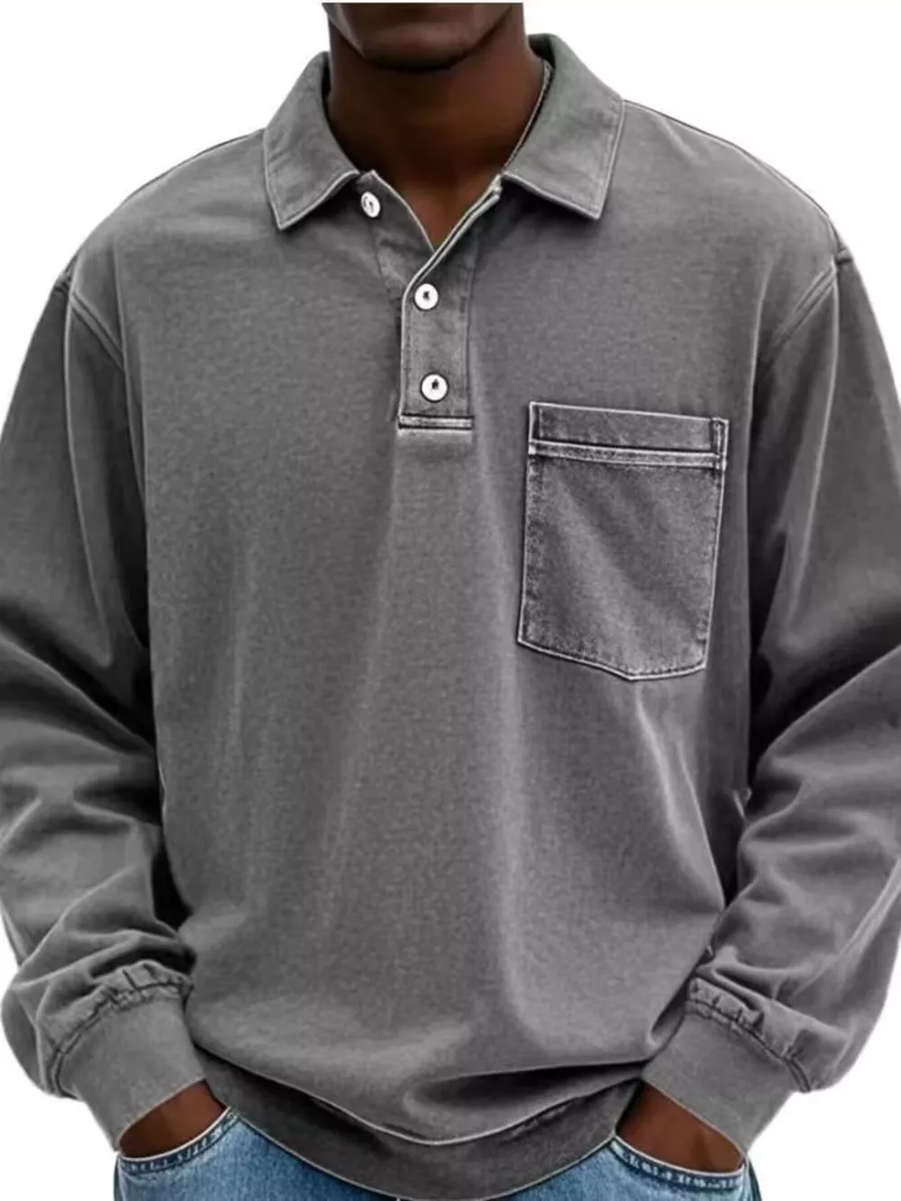 Men's Full Size Vintage Button Detail Long Sleeve Polo Plus Size, image 8
