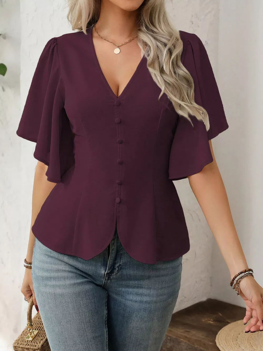 V-Neck Flutter Sleeve Blouse, image 16