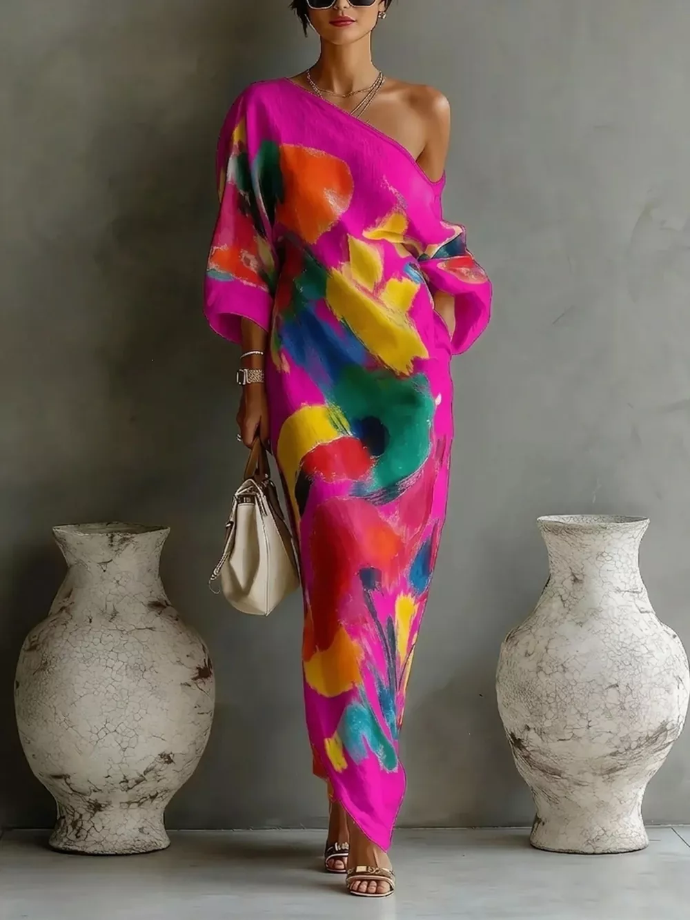 Full Size One-Shoulder Abstract Print Loose Fit Maxi Dress Plus Size, image 3