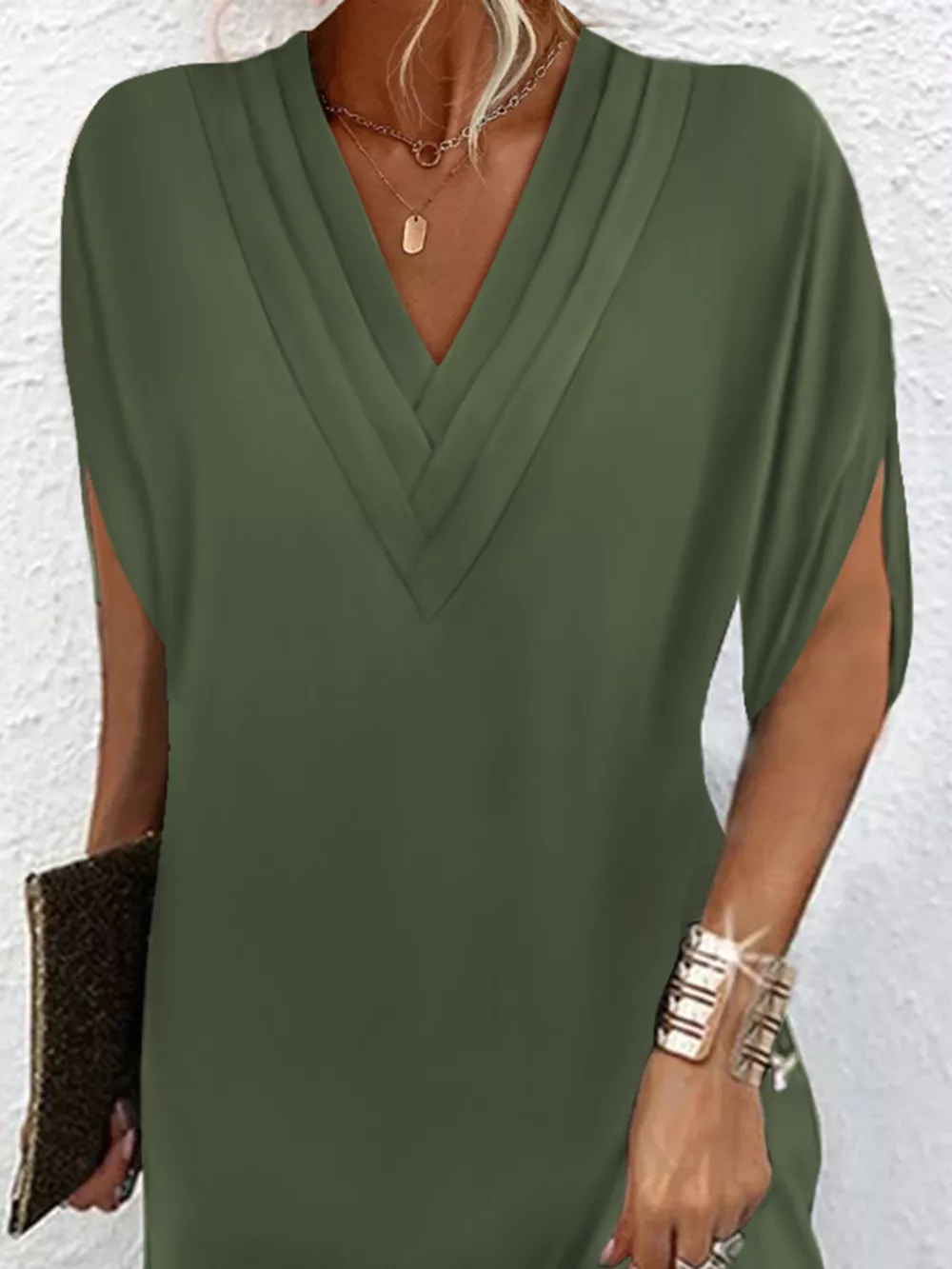 Full Size V-Neck Slit Sleeve Mini Dress Plus Size, image 17