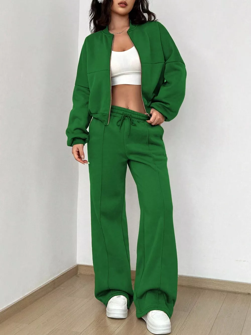Casual Solid Color Zipper Jacket and Wide Leg Pants Set, image 11