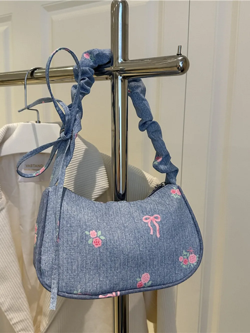 Embroidered Ruched Strap Shoulder Bag, image 7