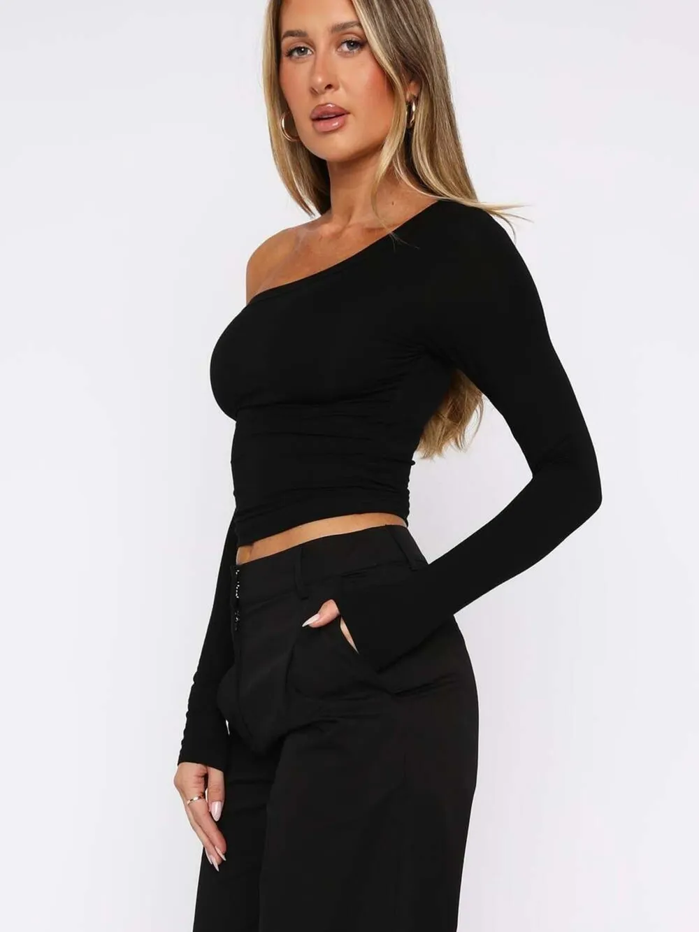One Shoulder Long Sleeve Crop T-Shirt, image 4