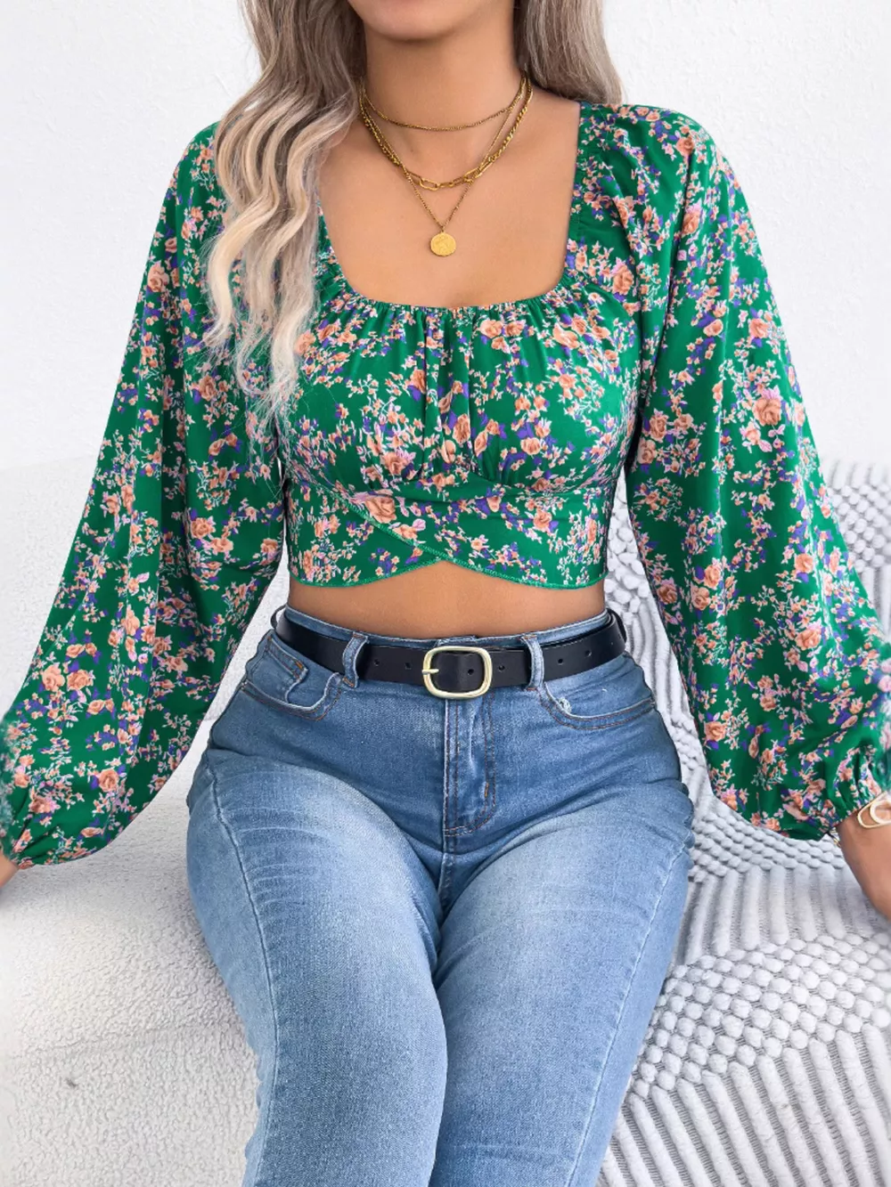 Floral Balloon Sleeve Square Neck Crop Blouse, image 16