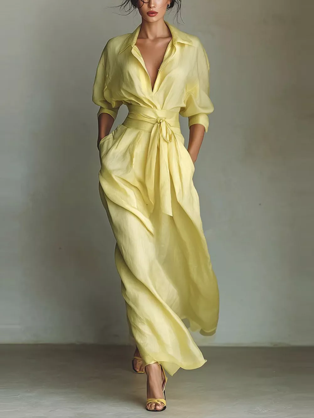 Shirt Maxi Dress with Waist-Defining Sash, image 3