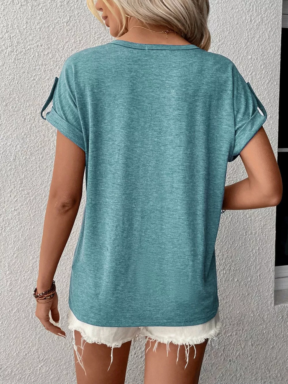 Full Size Casual V-Neck Henley Top with Rolled Sleeves Plus Size, image 3