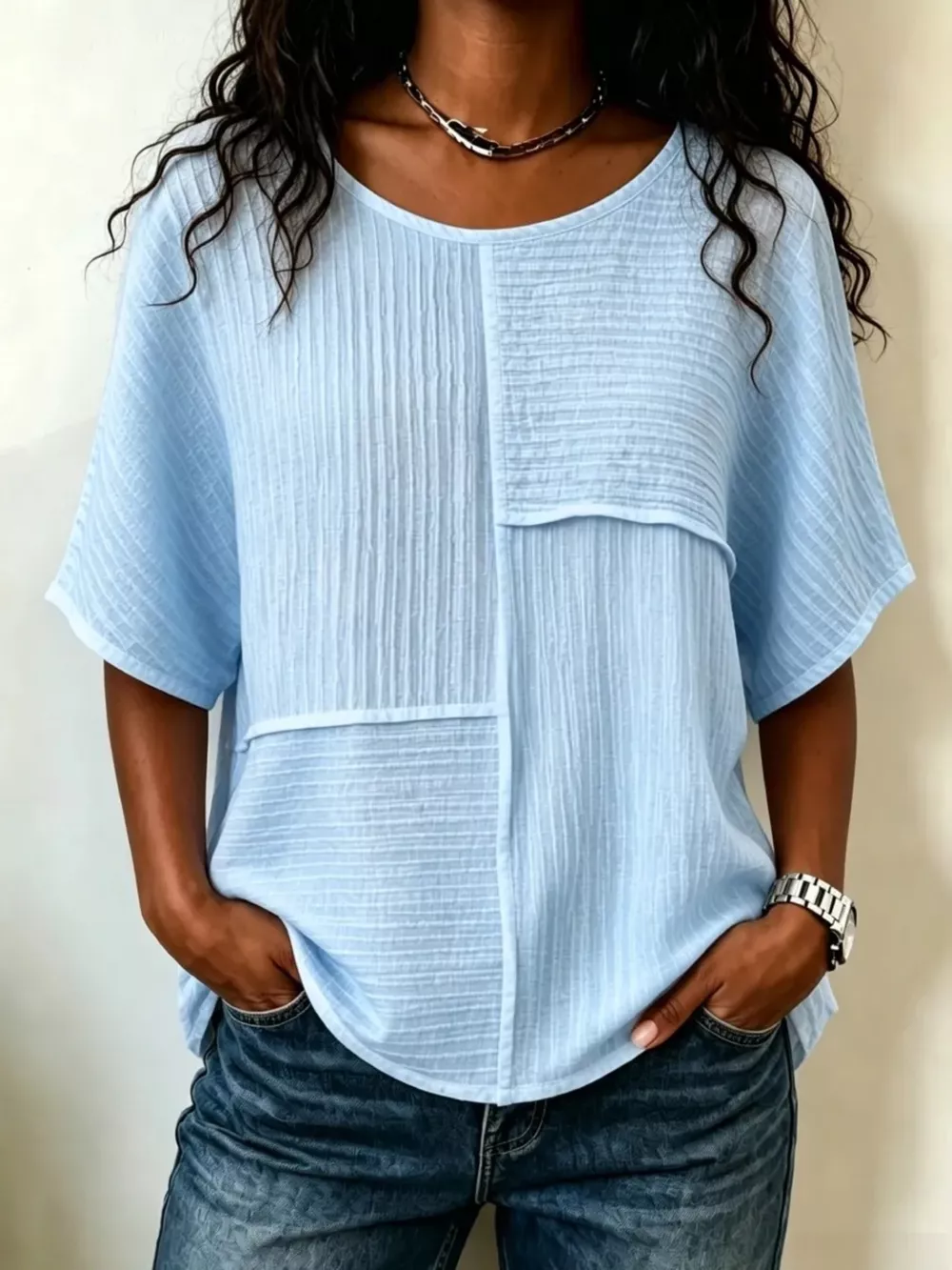 Full Size Texture Round Neck Half Sleeve Blouse Plus Size, image 13