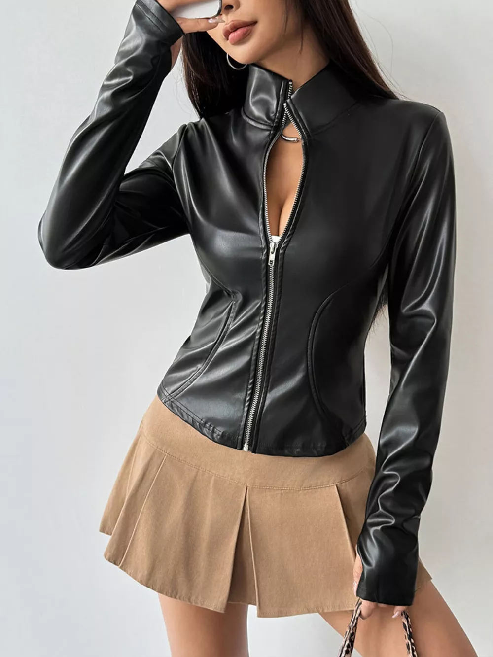 Zip Up Long Sleeve Leather Jacket, image 2