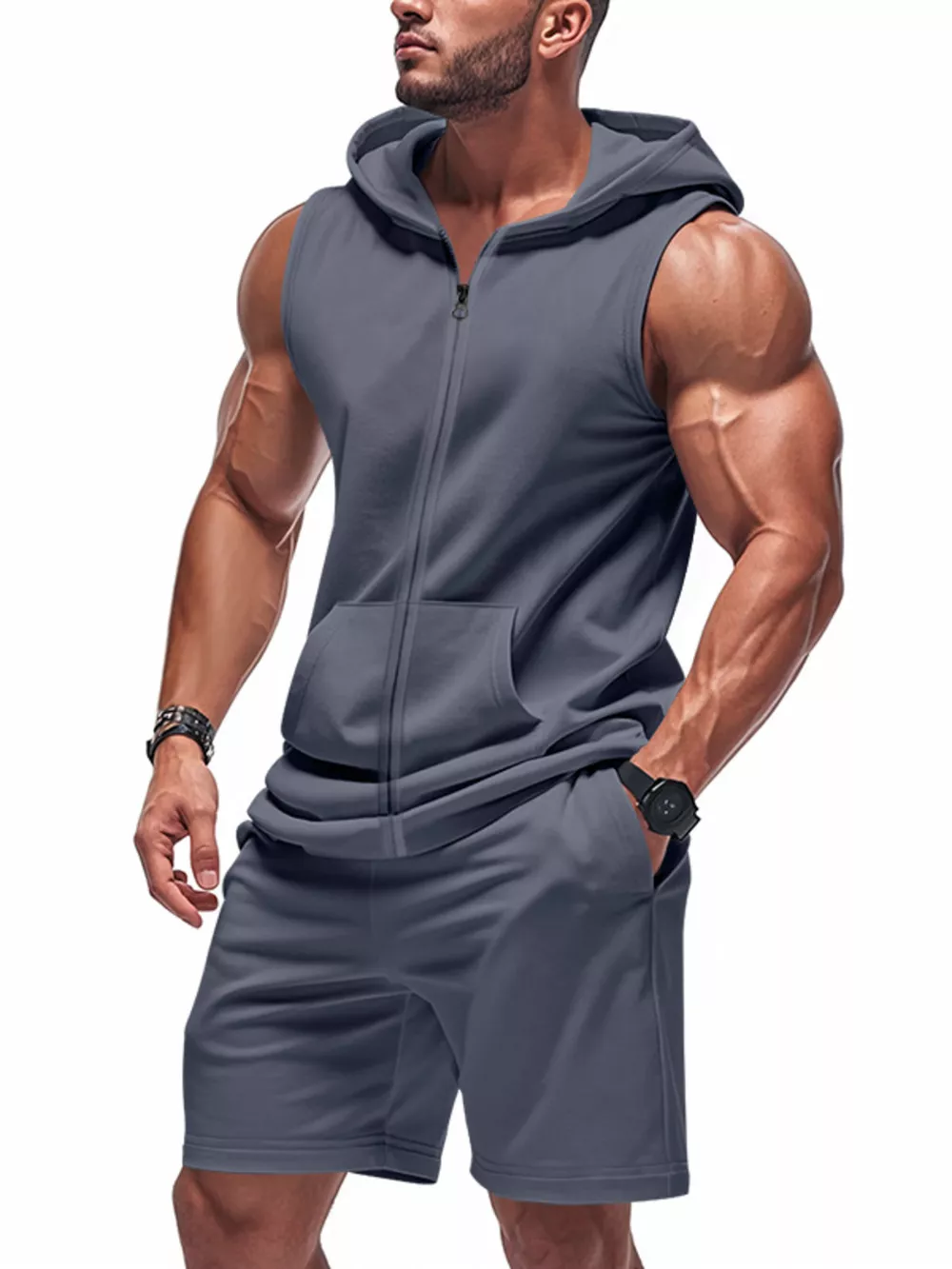 Men's Full Size Zip Up Sleeveless Hoodie & Shorts Set Plus Size, image 5