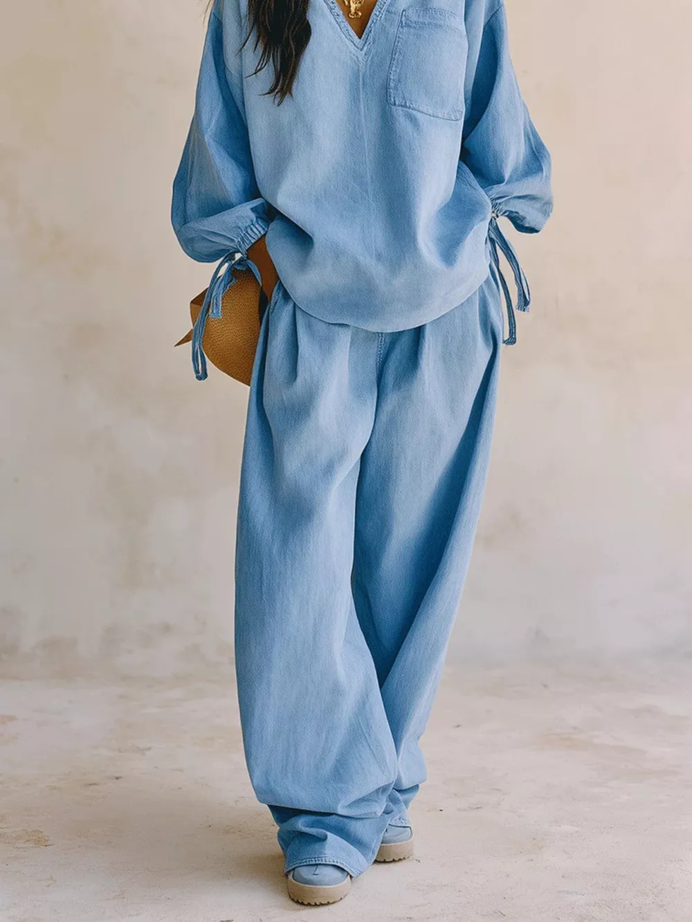 Relaxed Fit Drawstring Sleeve Detail Top and Pants Denim Set