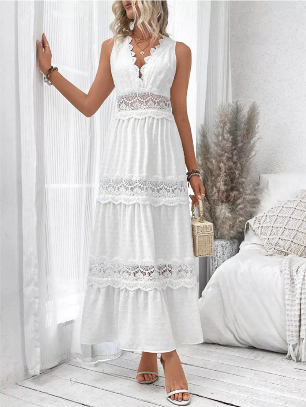 Full Size Lace Detail Tie Back Sleeveless Tiered Dress Plus Size, image 3