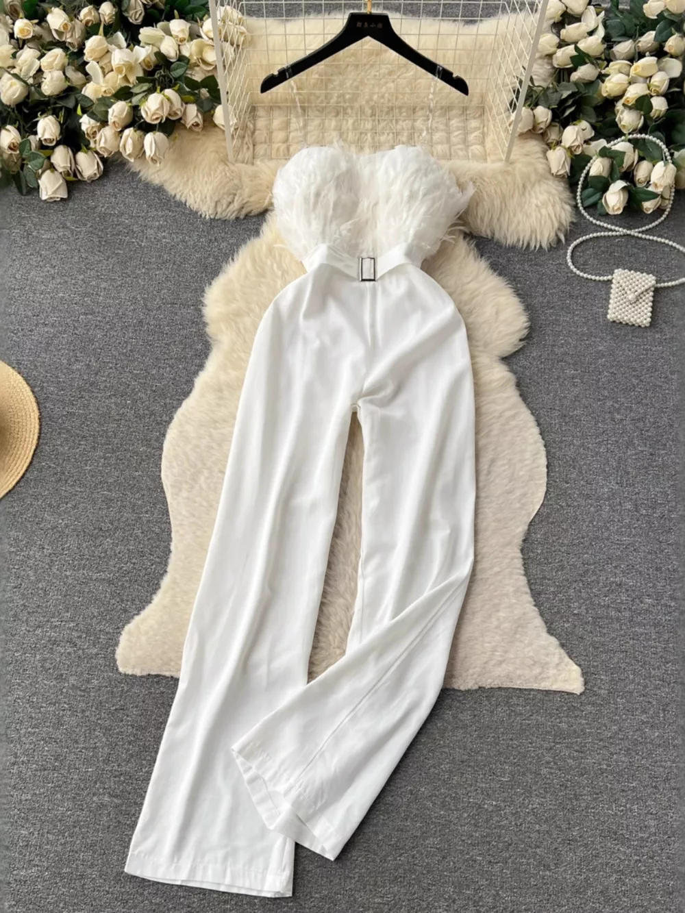 Feather Trim Strapless Wide Leg Jumpsuit, image 17