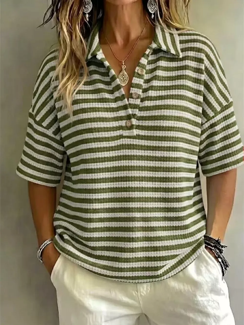 Full Size Contrast Striped Knit Polo Shirt Plus Size, image 9