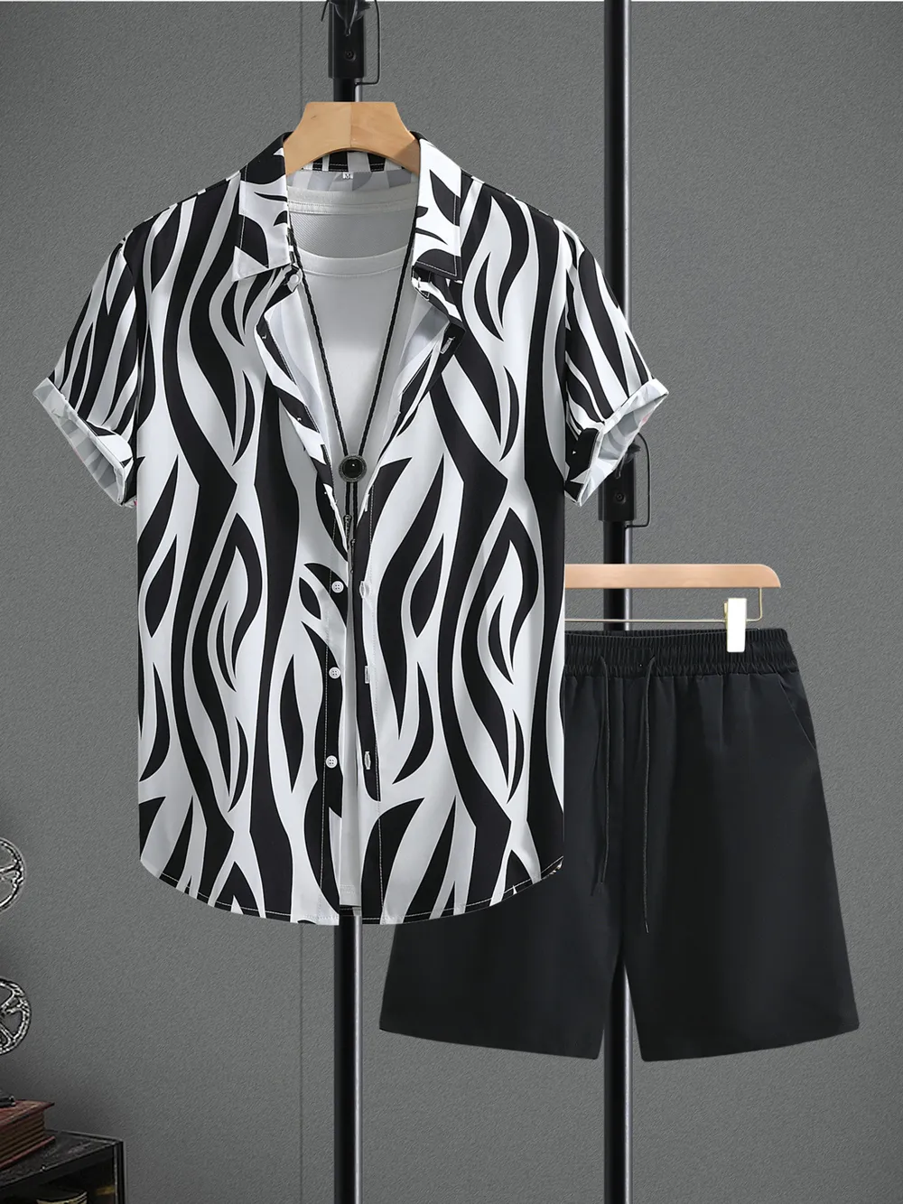 Men's Zebra Print Short Sleeve Shirt and Shorts Set, image 2