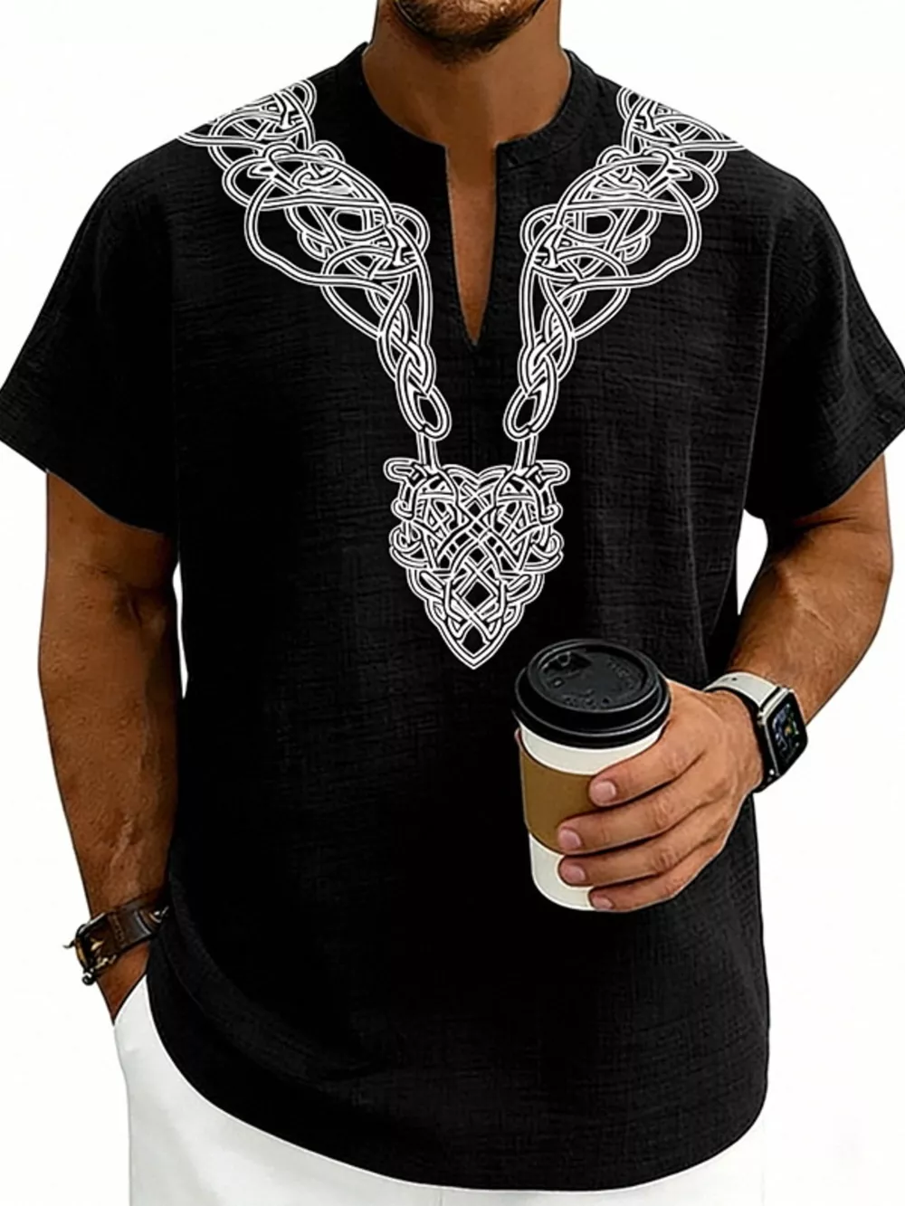 Men's Full Size Notched Printed Short Sleeve Blouse Plus Size, image 2
