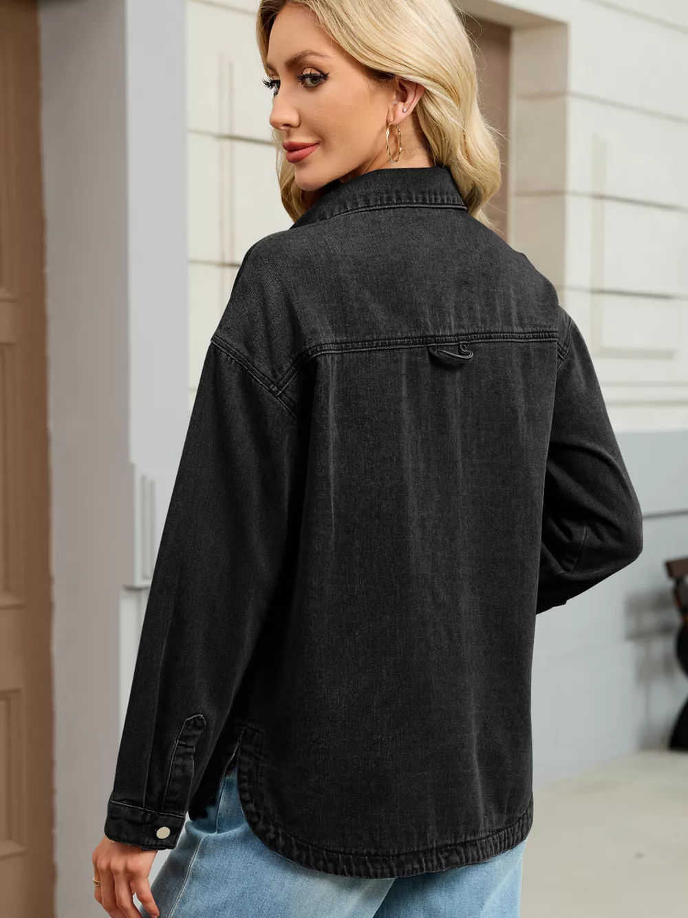 Button Up Dropped Shoulder Denim Jacket, image 3