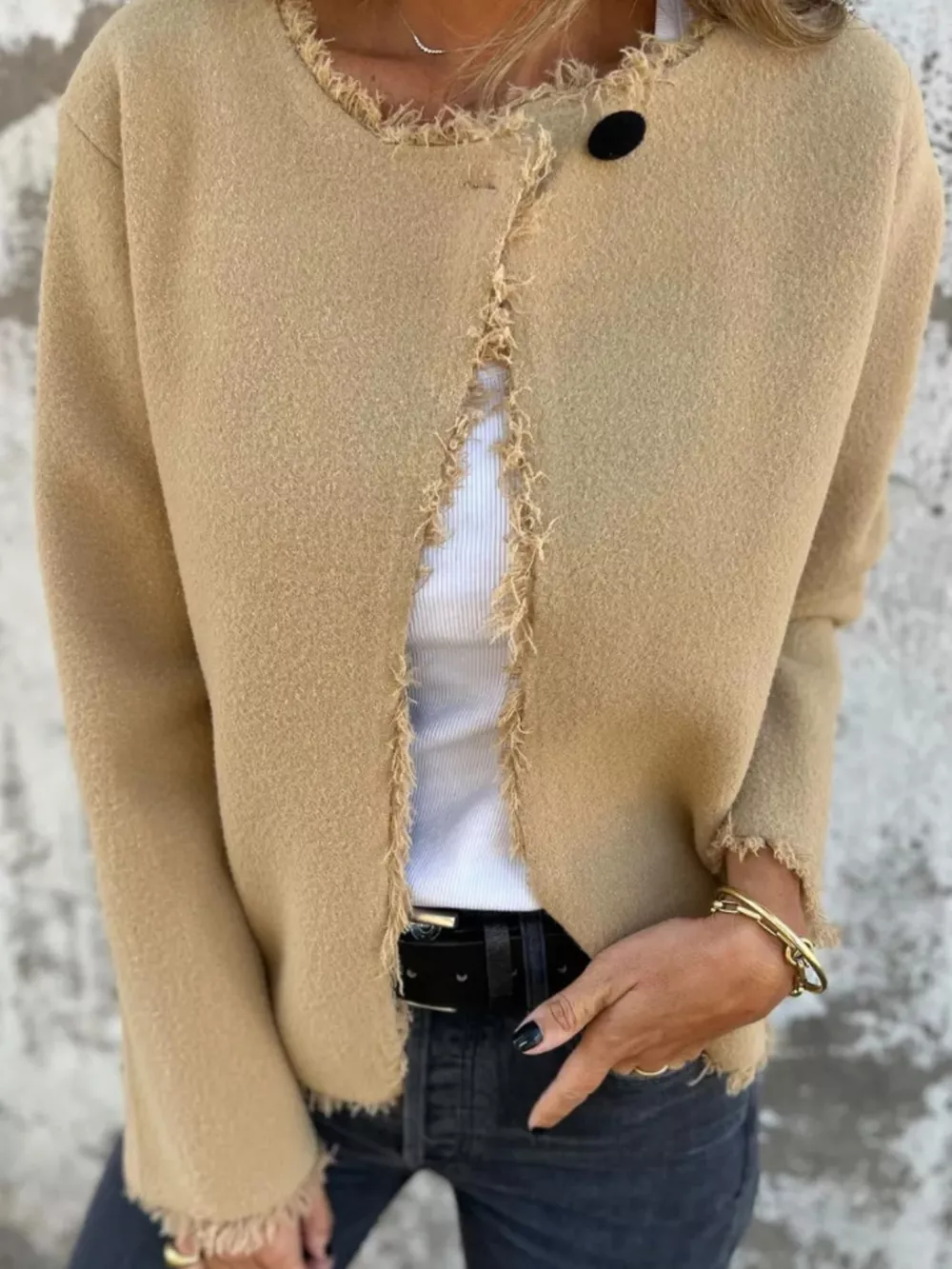 Full Size One Button Frayed Edge Cardigan Plus Size, image 3