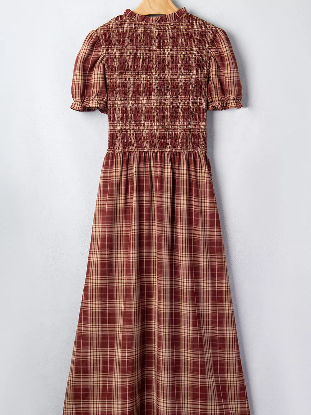 Plaid Knot Front Smocked High Waist Midi Dress, image 8