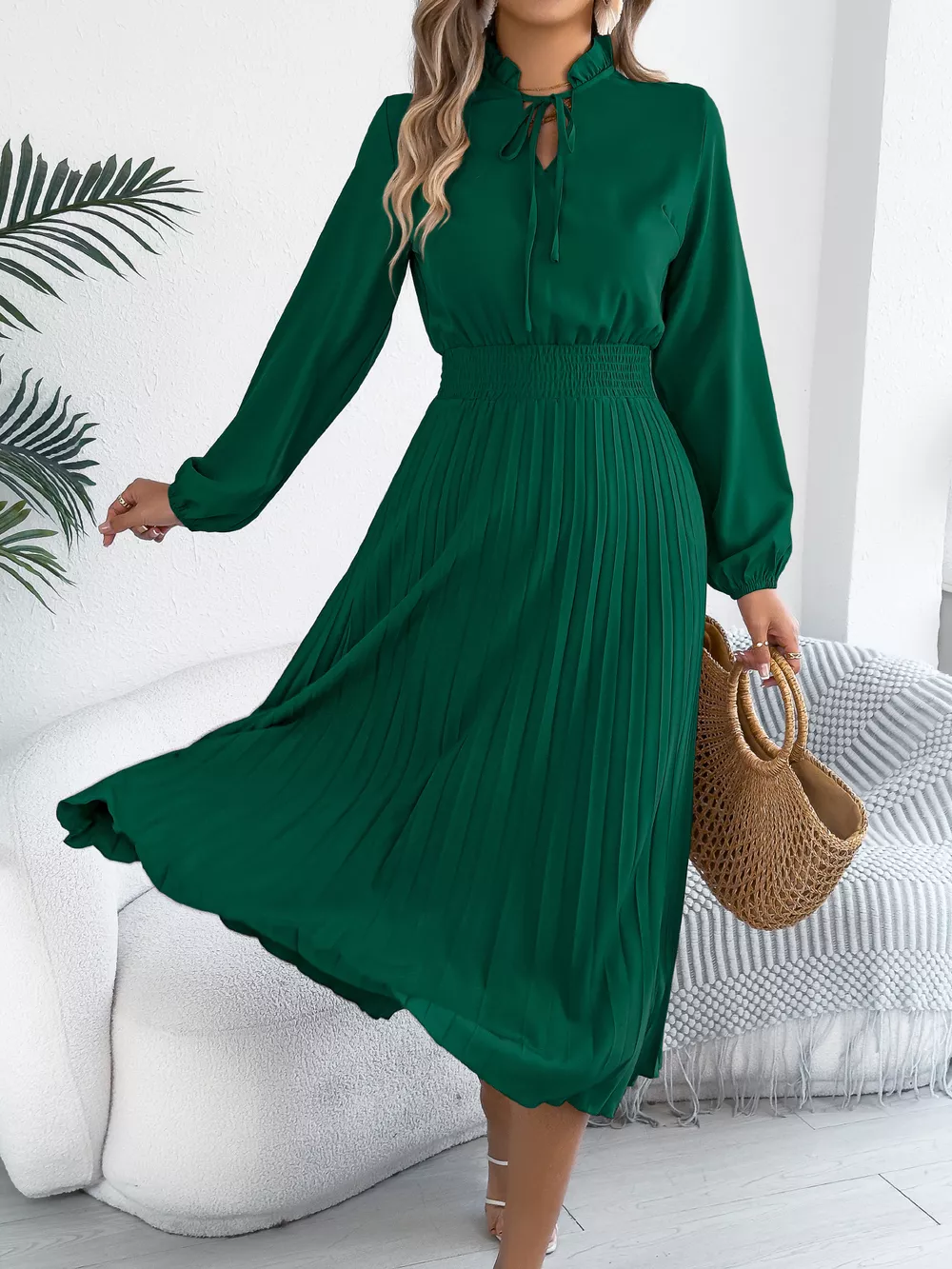 Smocked Pleated Tie Neck Dress, image 4