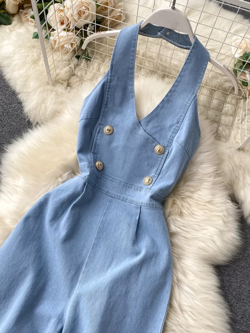 Halter Neck Wide Leg Denim Jumpsuit, image 3