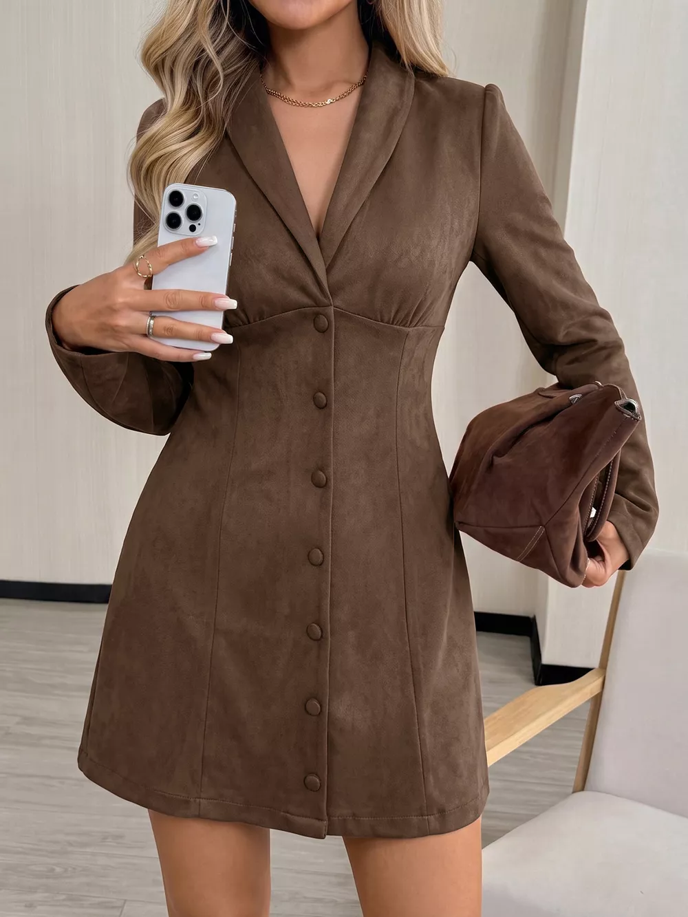 Button-Front Long Sleeve Blazer Dress, image 3