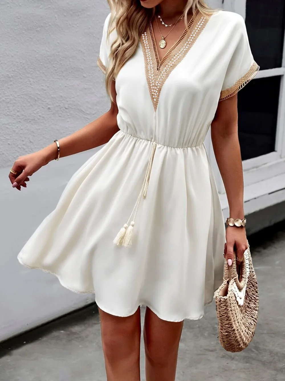 V-Neck Short Sleeve Mini Dress, image 2