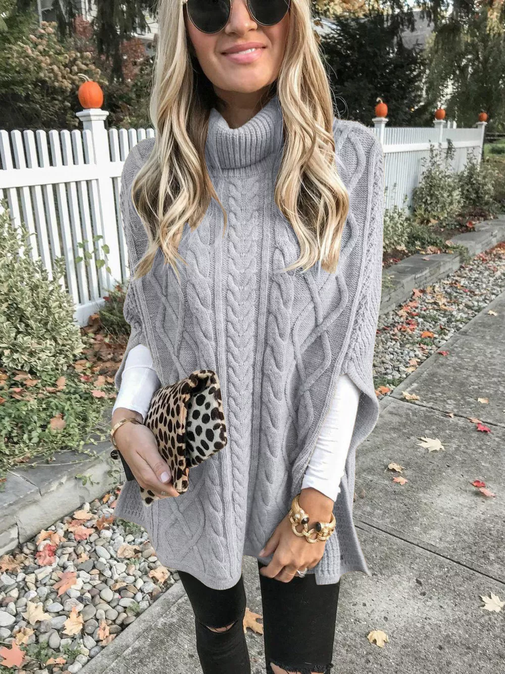 Chunky Cable Knit Turtleneck Poncho Cover Up, image 15