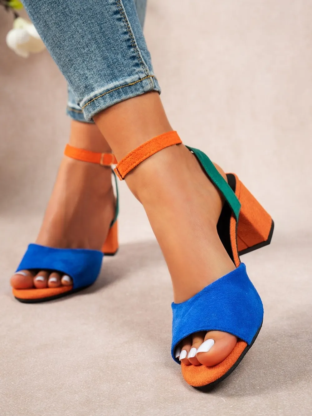 Colorblock Chunky Heel Ankle Strap Sandals