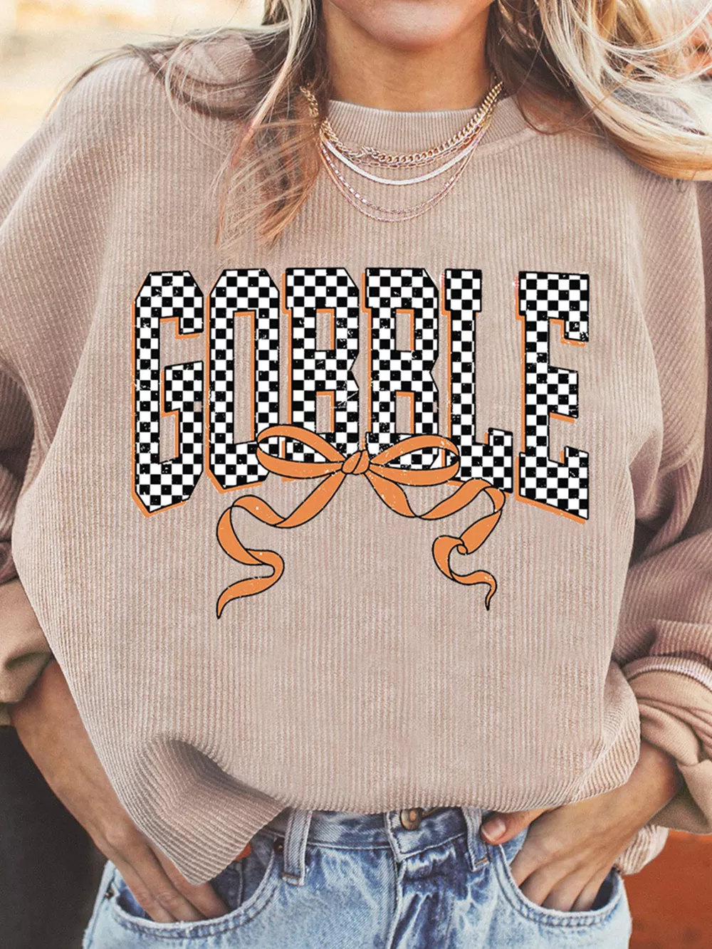 Twisted Ribbed Texture Checkered GOBBLE Bow Baggy Sweatshirt, image 2