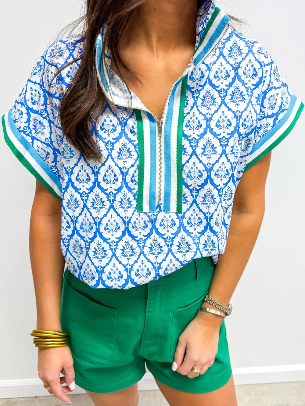 Western Print Zipped Collar Short Sleeve Summer Blouse Top