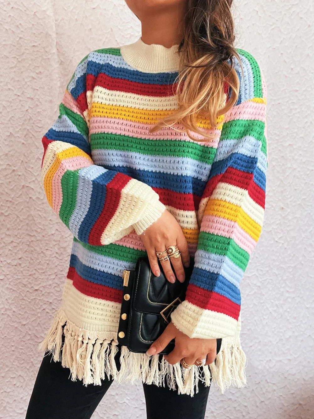 Tassel Rainbow Striped Long Sleeve Sweater, image 3