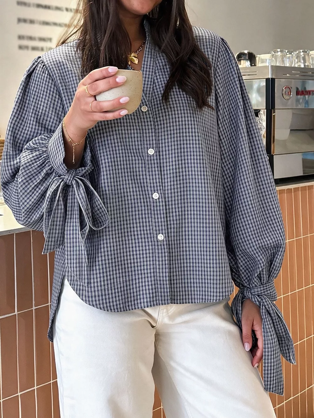 Gingham Button Up Shirt with Tie-Sleeve Detail