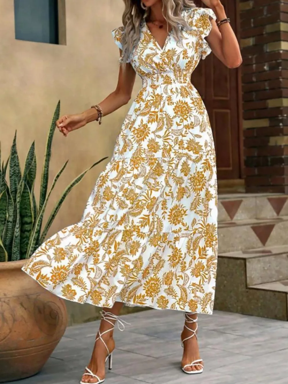 Floral Print Ruffle Sleeve Midi Dress, image 4