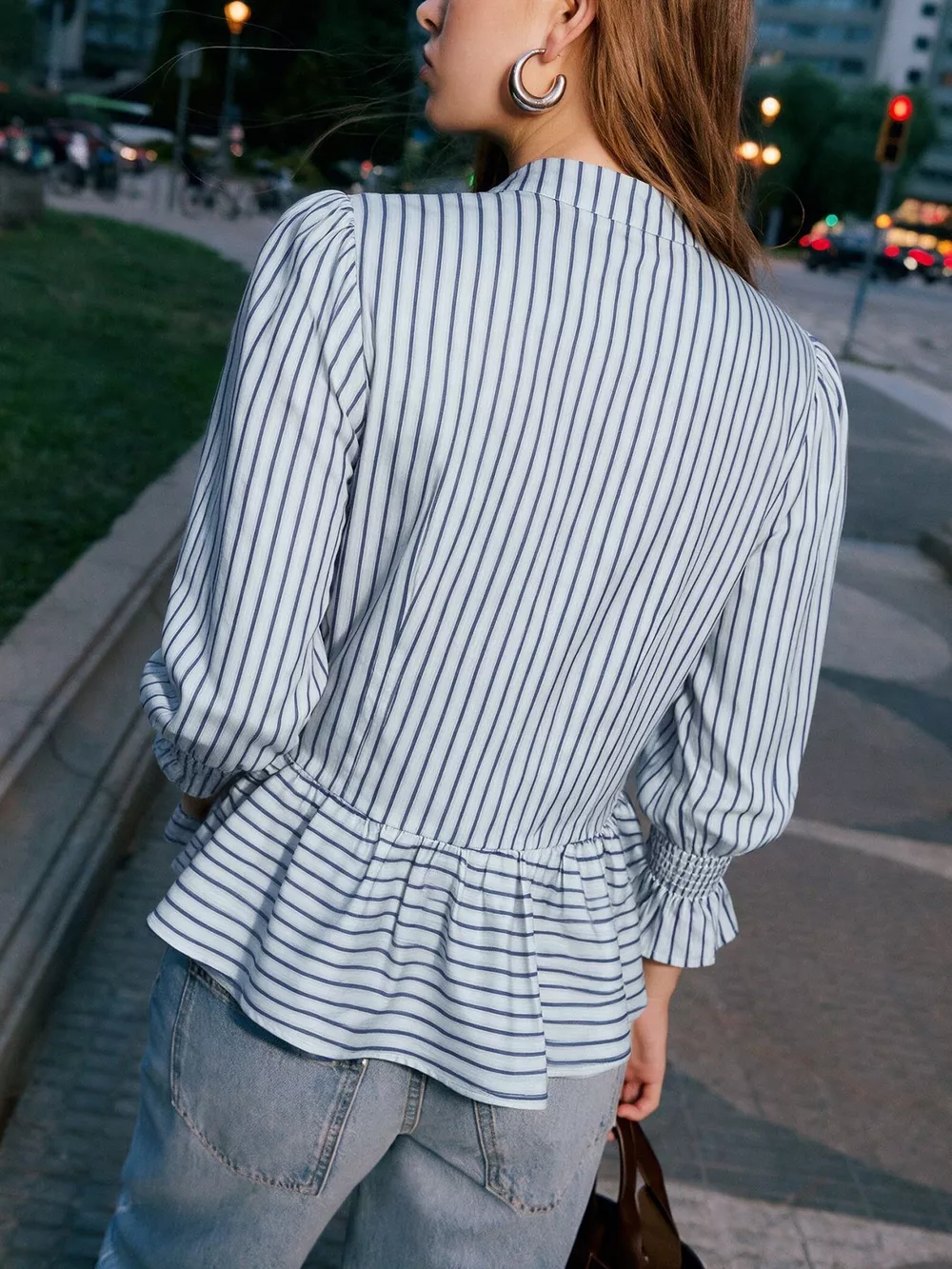 Striped Mandarin Knot Buttons Peplum Hem Shirt, image 7