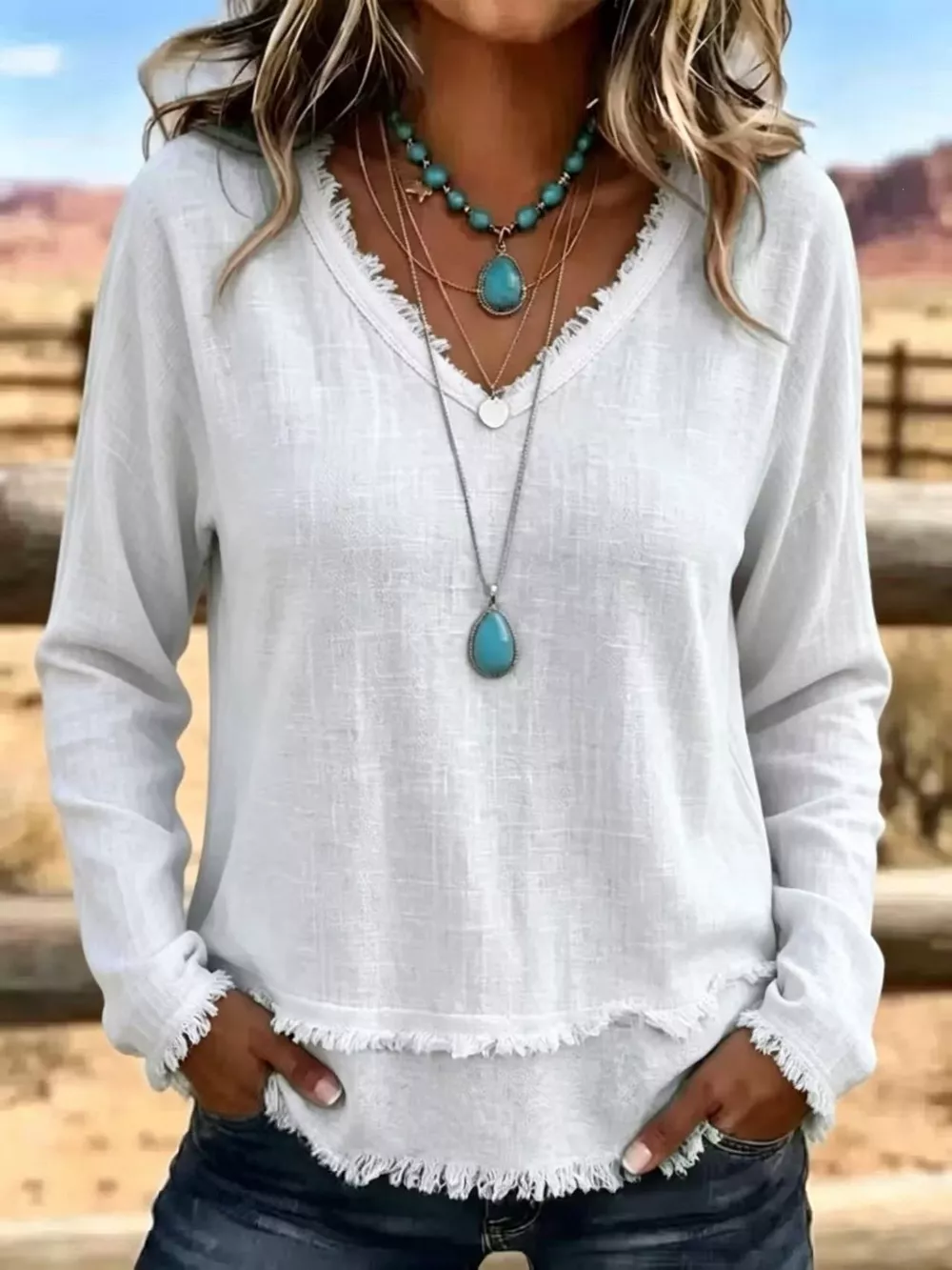 V-Neck Long Sleeve Blouse with Frayed Hem Detail, image 8