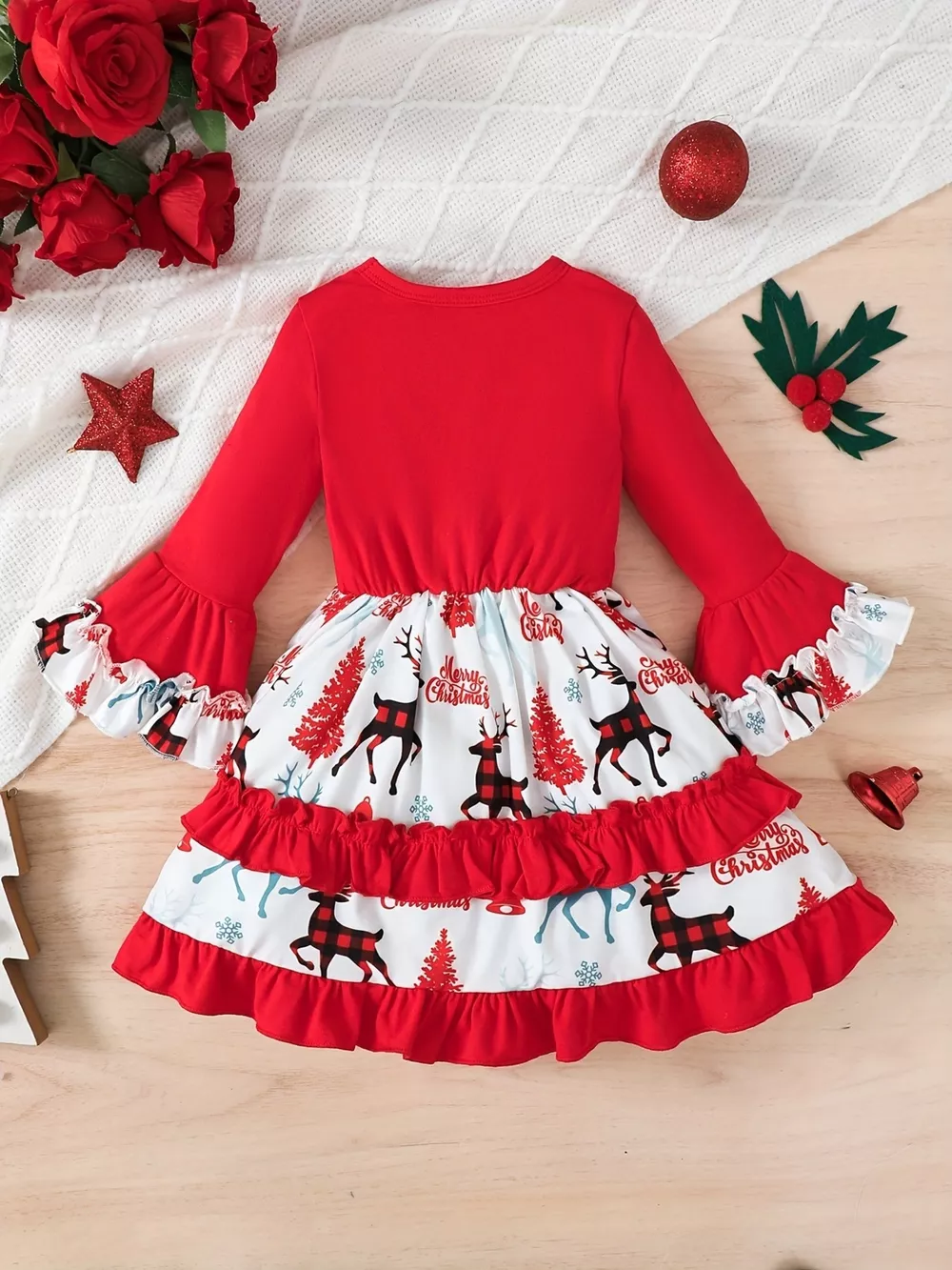 Children's Christmas Reindeer Print Ruffle Hem Long Sleeve Dress, image 6