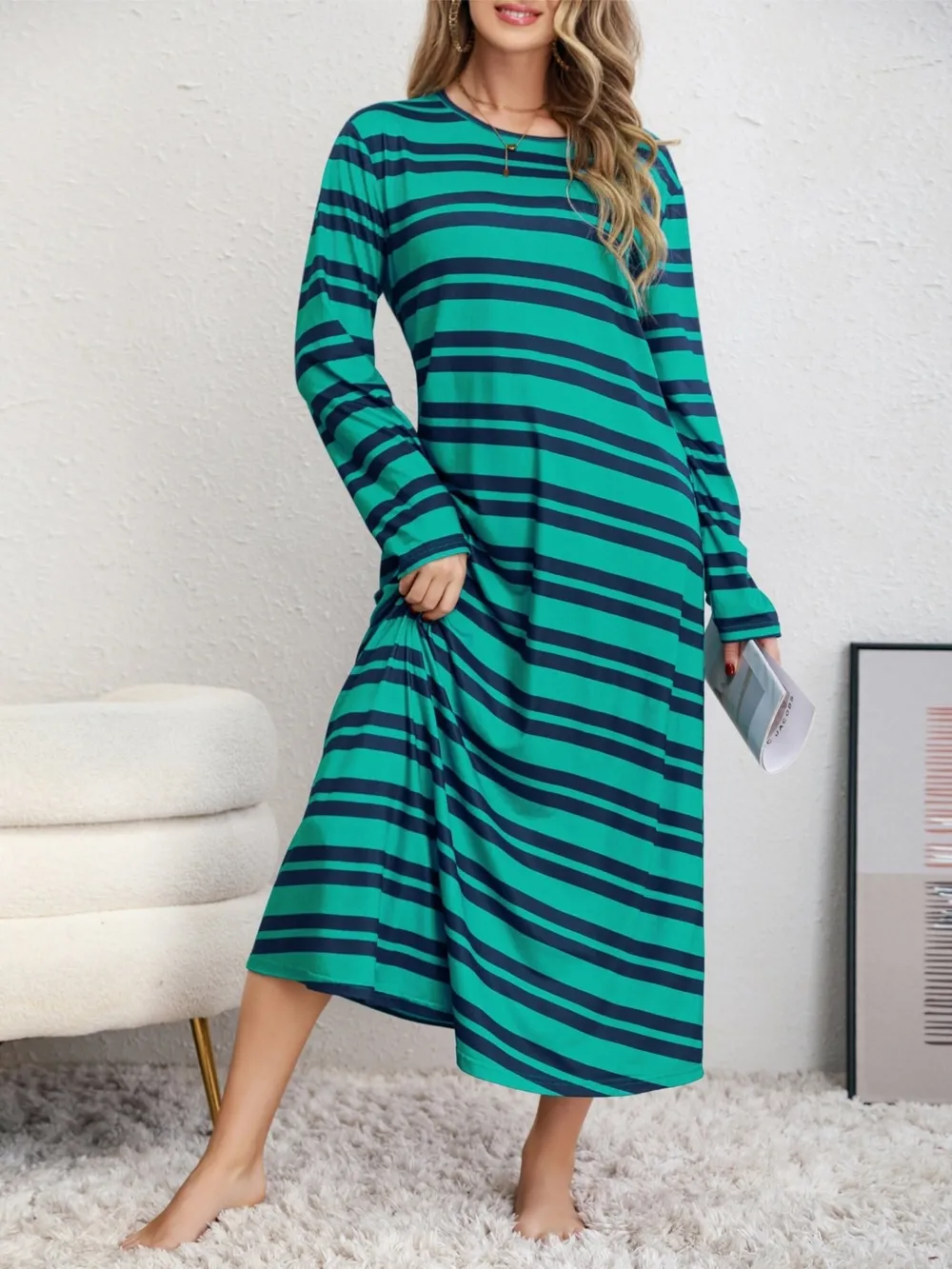 Plus Size Striped Round Neck Long Sleeve Tee Dress, image 3