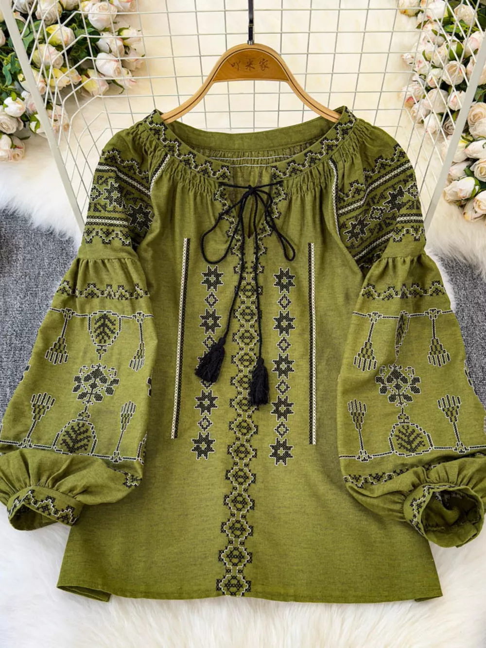 Bohemian Embroidered Blouse with Tassel Tie, image 2