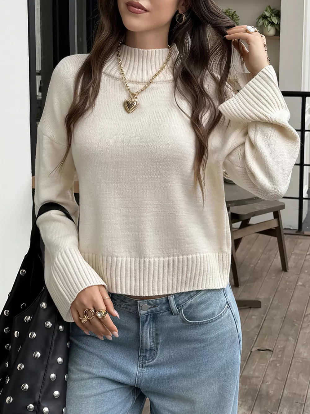 Mock Neck Dropped Shoulder Sweater, image 4
